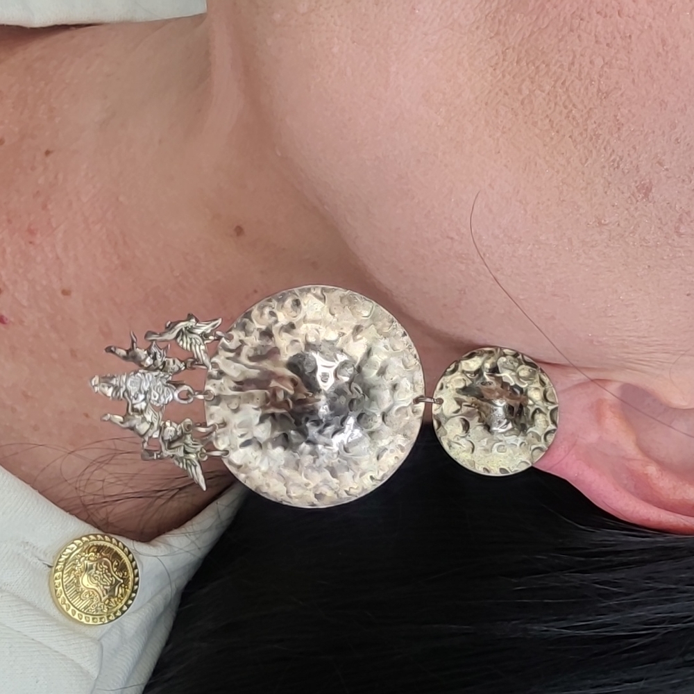Earrings Retro 80's Tarnished Silver Tone Statement Angel Fringe Eclectic Unique - Picture 5 of 5